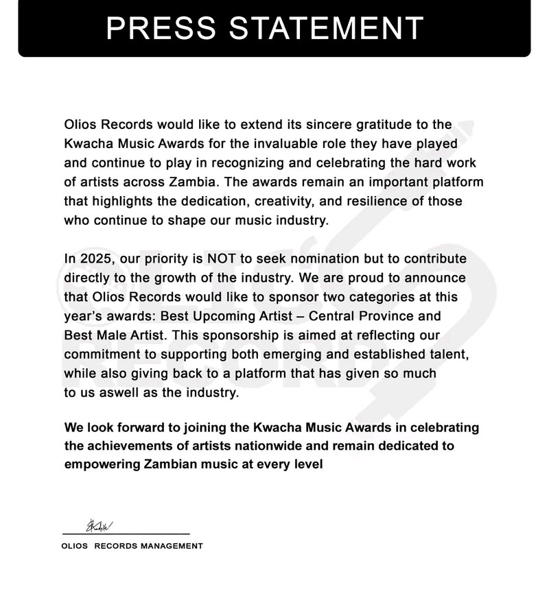 Olios Records has requested to sponsor in the forthcoming Kwacha Music Awards 2025